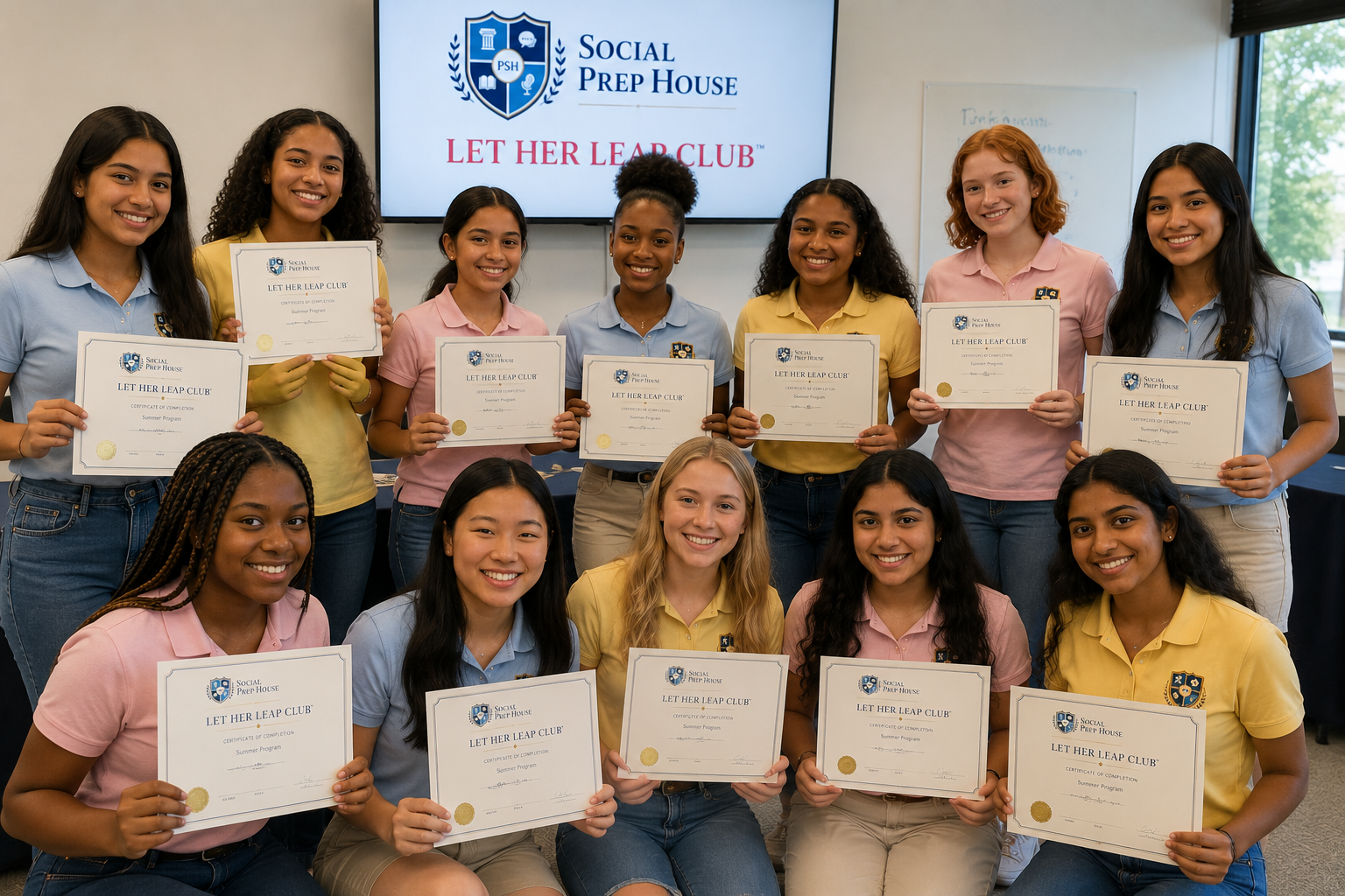 Let Her Leap Club certificate ceremony with students holding certificates