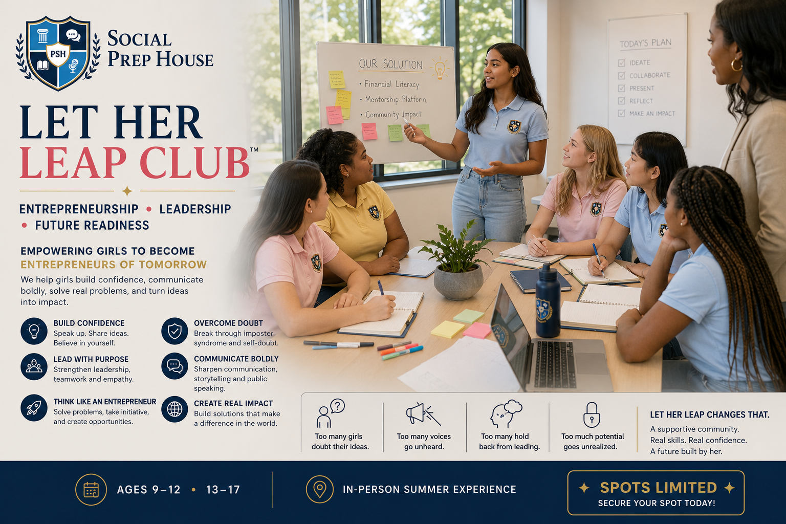 Let Her Leap Club in-person summer camp banner for girls focused on entrepreneurship, leadership, and future readiness