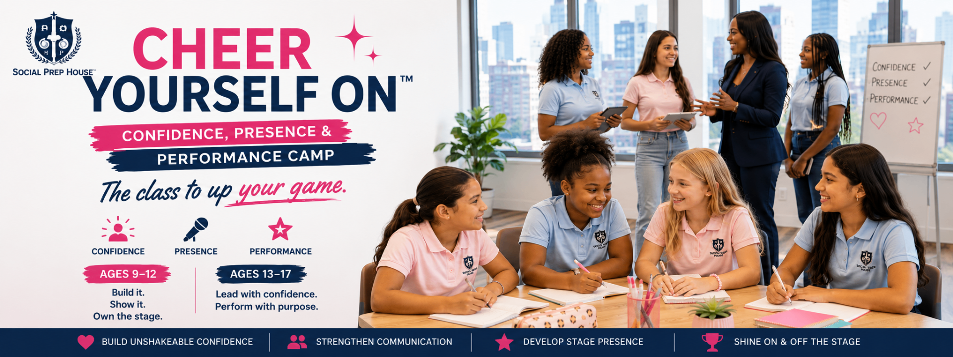 Cheer Yourself On Confidence Presence & Performance Camp banner for ages 9-12 and 13-17