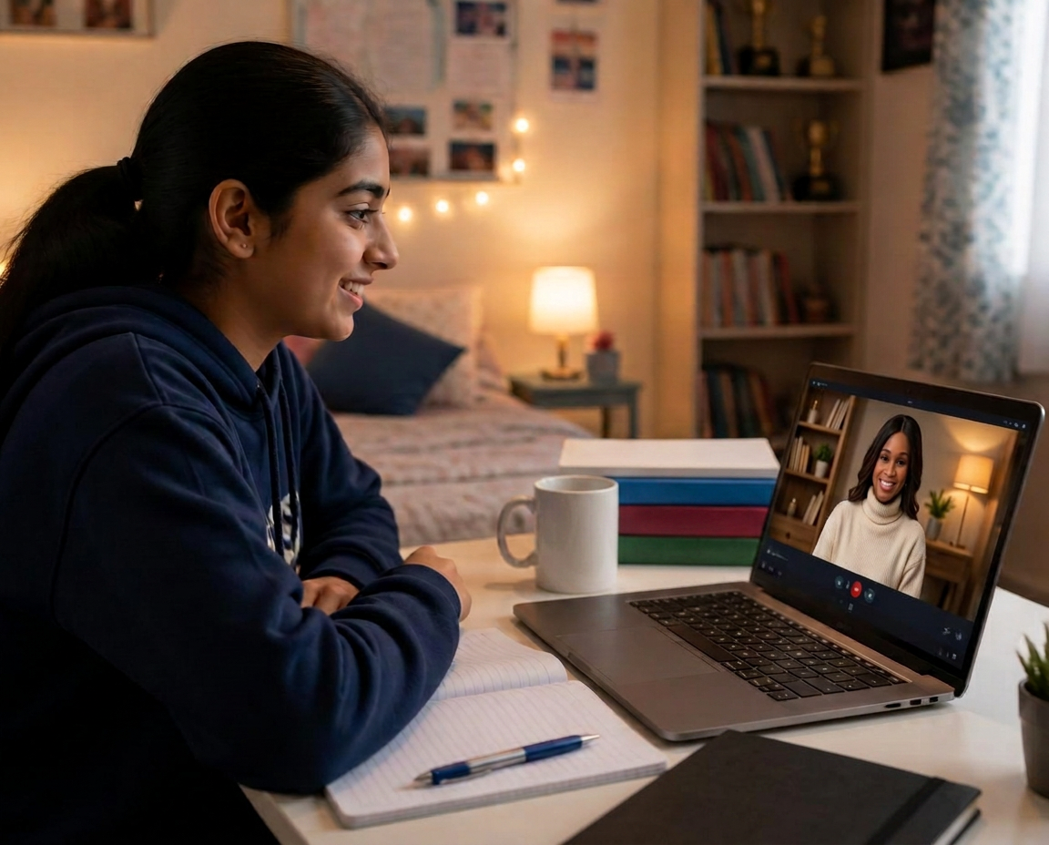 A teenage student in her bedroom on a laptop video call with her coach from Social Prep House